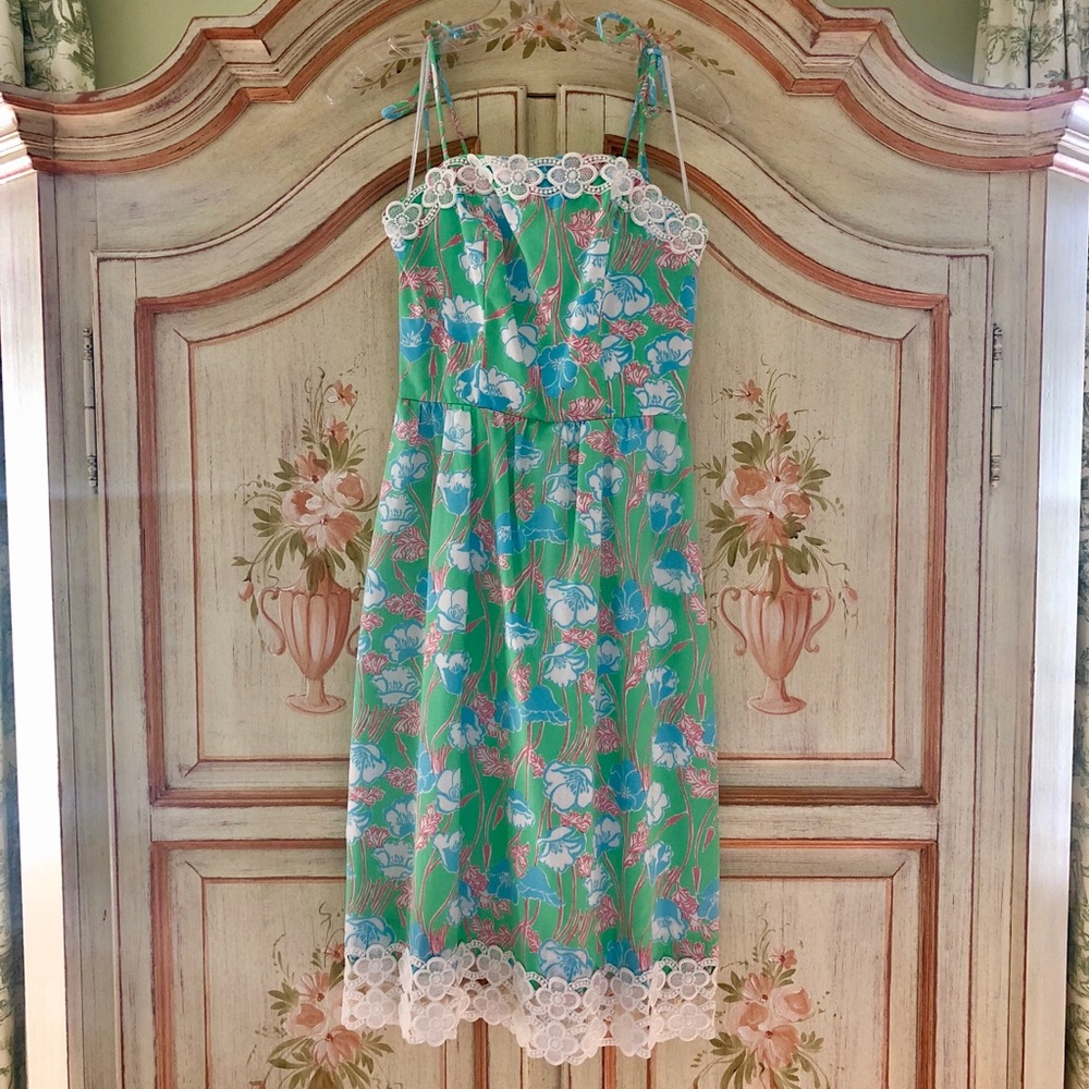 Vintage Lilly Pulitzer Green Floral Midi Dress with White Lace Trim - Picture 6 of 6
